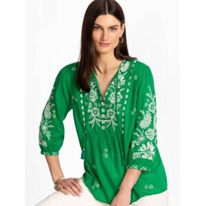 NEW JOHNNY WAS Embroidered Prairie Blouse $198, Green, Size XL
